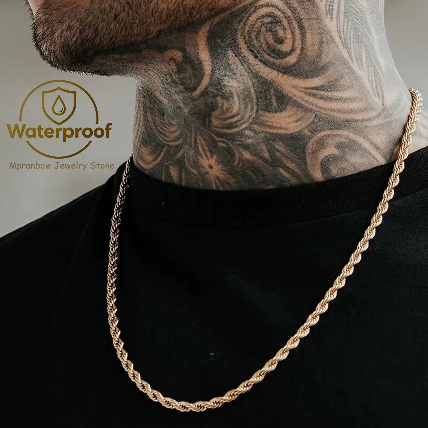 Ropes Long Necklace for Men Women,Stainless Steel Gold Color Twisted Rope Chain Collar,2/3/4/5Mm Punk Basic Waterproof Jewelry