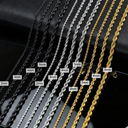 Ropes Long Necklace for Men Women,Stainless Steel Gold Color Twisted Rope Chain Collar,2/3/4/5Mm Punk Basic Waterproof Jewelry